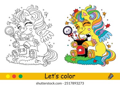 Cute baby unicorn with a trick or treat candies. Halloween concept. Coloring book page for children with colorful template. Vector cartoon illustration. For education, print, game, puzzle, design