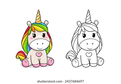 Cute Baby Unicorn vector coloring page. Coloring Cartoon Pony Unicorn with rainbow hair and golden horn. Funny Baby Pony for kids print design on tee shirt or pajamas and coloring book