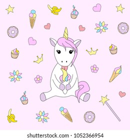 Cute baby unicorn vector illustration in pastel rainbow colors. Ice cream, crown, star, cake, magic wand, banana, crown, heart, flower, donut in cartoon style. Hand drawing. Cute animal.