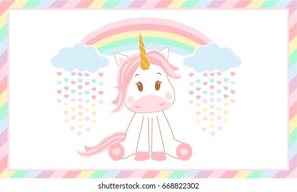 Cute baby unicorn.  Vector illustration. Rainbow and clouds. Magic rain of colored hearts