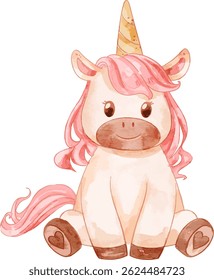 Cute Baby Unicorn. Watercolor pony with golden horn, suited for baby shower project, sticker, and decoration.