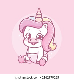 Cute baby unicorn wear diapers mascot icon illustration