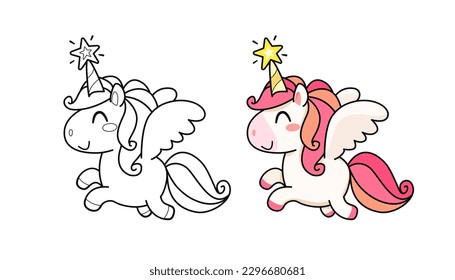 Cute Baby Unicorn with wings vector coloring page. Coloring Cartoon Unicorn with pink hair and star on the horn. Funny Baby Pony for kids print design on tee shirt or pajamas and coloring book