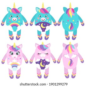 Cute baby unicorns characters and plush dolls model. Vector illustrations with day and night theme