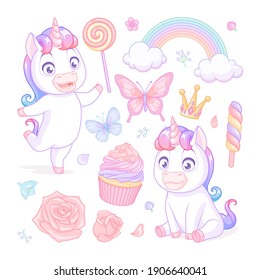 Cute baby unicorns with sweets, flowers and butterflies. Vector illustrations isolated on white background. Set of stickers, pins, patches in cartoon style.