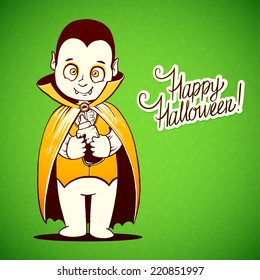 Cute baby vampire Dracula young, nipple bottle with fresh blood