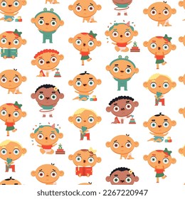 Cute baby vector cartoon seamless pattern on a white background.