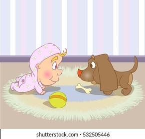 Cute Baby Vector Character. Crawls with dog