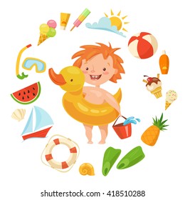 Cute baby vector character with summer elements. Symbols of summer. Summer kinds of food, transport, clothes