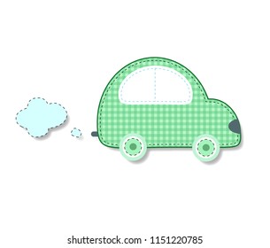 Cute baby vector clip art element for scrapbooking or baby shower greeting card and childs design. Cut out fabric or paper chequered green retro car sticker or icon isolated on white background.