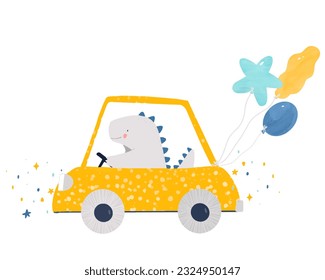 Cute baby vector illustration, baby dragon rides a yellow car, stars, fairy tale illustration for a boy, air balloons