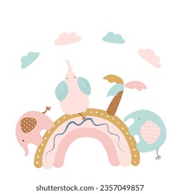Cute baby vector illustration. Elephants, rainbow, palm trees, clouds. Template for postcard, print, banner, poster, textile.