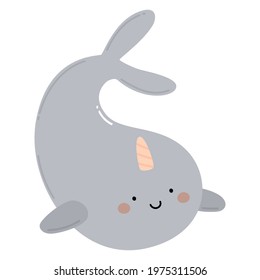 Cute baby vector illustration in scandinavian style including trendy quotes and cool sea animal decorative hand drawn elements. Sweet narwhal