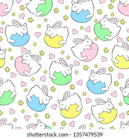 Cute baby vector pattern design with sleeping bunny. Easter seamless pattern with bunnies and eggs. Hand drawing illustration