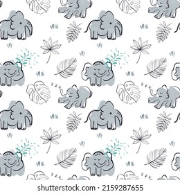 Cute baby vector seamless pattern with hand drawn elephants and tropical plants on white background. Cute characters in simple style. Good for baby nursery, clothes, textile, paper.