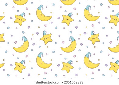 Cute baby vector seamless pattern. Cartoon style moon and stars pattern.