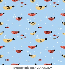 
Cute baby vector seamless print. Marine colorful fish on a blue background. Cute stylish basic pattern for home textiles, clothes and wrapping paper.