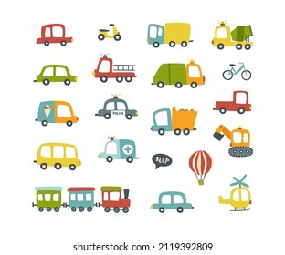 Vehículos para bebés. Colección de coches vectores dibujados a mano. Paquete de transporte de garabatos.	