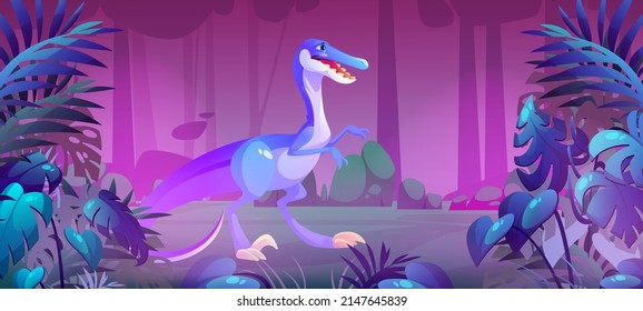 Cute baby velociraptor in jungle at night. Dinosaur character in prehistoric forest. Vector cartoon illustration of dark rainforest landscape with funny dino, tropical plants and trees