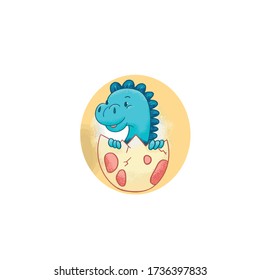 Cute baby velociraptor puppy comes out of the egg on white background