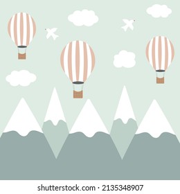 Cute baby wallpaper. Vector illustration of mountains and air balloons. Mountain landscape in pastel colors. Design for a children  room, banner, postcard.