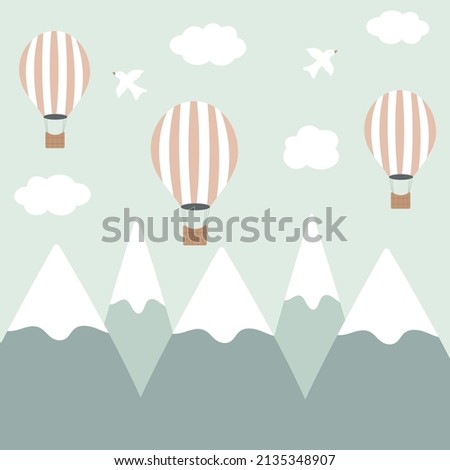 Cute baby wallpaper. Vector illustration of mountains and air balloons. Mountain landscape in pastel colors. Design for a children  room, banner, postcard.