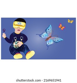 cute baby watching movie in metaverse virtual reality.