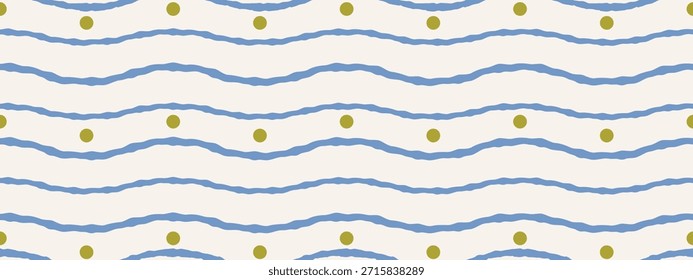 Lindo patrón sin fisuras de la onda del bebé. Rayas onduladas dibujadas a mano con puntos verdes para decoración, textiles, Fondo de pantalla, tela y envoltura de regalos