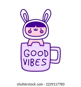 Cute baby wear bunny costume inside a cup of coffee doodle art, illustration for t-shirt, sticker, or apparel merchandise. With modern pop and kawaii style.