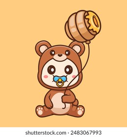 Cute Baby Wearing Bear Costume With Honeycomb Balloon Cartoon Vector Icon Illustration. People Animal Icon Concept Isolated Premium Vector. Flat Cartoon Style