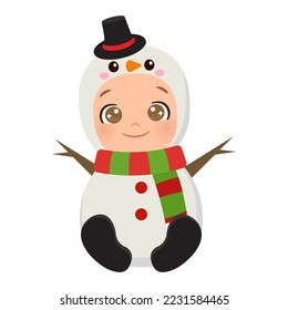 Cute baby wearing Christmas costume snowman. Flat vector cartoon design