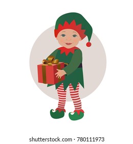 Cute baby wearing Christmas elf costume holding gift box vector isolated illustration