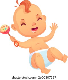 Cute baby wearing a diaper, joyfully holding a rattle and waving, smiling and drooling, isolated on a clean white background, presented in a charming cartoon style
