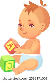 Cute baby wearing diaper sitting and playing with alphabet blocks, learning letters and developing fine motor skills, educational toys for infants