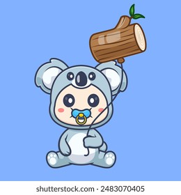 Cute Baby Wearing Koala Costume With Wood Balloon Cartoon Vector Icon Illustration. People Animal Icon Concept Isolated Premium Vector. Flat Cartoon Style