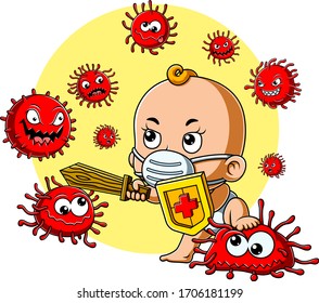 A cute baby wearing mask fight corona virus of illustration