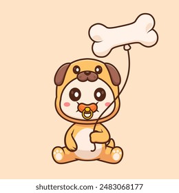 Cute Baby Wearing Pug Dog Costume With Bone Balloon Cartoon Vector Icon Illustration. People Animal Icon Concept Isolated Premium Vector. Flat Cartoon Style