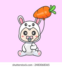 Cute Baby Wearing Rabbit Costume With Carrot Balloon Cartoon Vector Icon Illustration. People Animal Icon Concept Isolated Premium Vector. Flat Cartoon Style