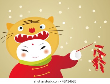 Cute baby wearing a tiger cap, the traditional Chinese zodiac sign and wish you happy Chinese new year!