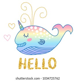 Cute baby whale cartoon hand drawn vector illustration