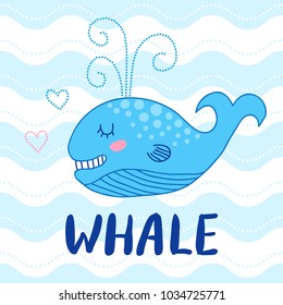 Cute baby whale cartoon hand drawn vector illustration