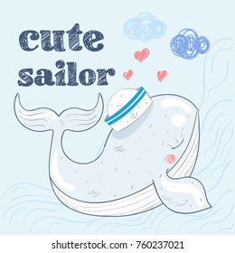 Cute baby whale in a sailor suit cartoon hand drawn vector illustration. Can be used for baby t-shirt print, fashion print design, kids wear, baby shower celebration greeting and invitation card.