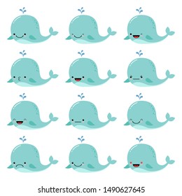 Cute baby whale set. Vector cartoon character of magic whale with different kawaii emotions isolated on a white background.