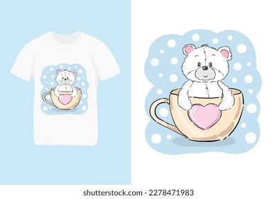 Cute baby white bear in cup. T-shirt design for kids with animal