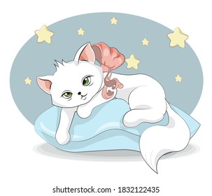 cute baby white cat on blue pillow. Picture in hand drawing style for baby shower. Greeting card, party invitation, fashion clothes t-shirt print