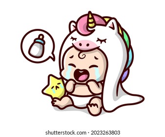 A CUTE BABY IN A WHITE UNICORN COSTUME IS CRYING AND WANTS TO DRINKS MILK. CARTOON ILLUSTRATION.  