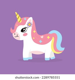 Cute baby white unicorn with rainbow colours. Soft colors. Vector isolated illustration.