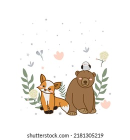 cute baby wild animal illustration with floral background