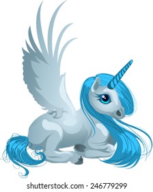 Cute baby winged unicorn with blue mane smiling isolated on white background. Fantastic mythological animal. Cartoon vector illustration close-up.