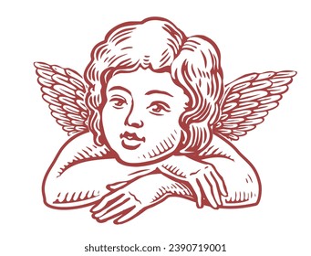 Bebé lindo con alas. Grabado de estilo retro angel pequeño. Ilustración vectorial en blanco y negro